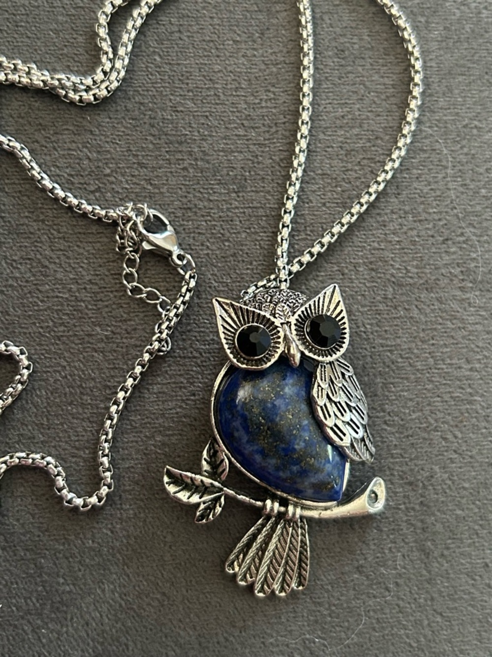 Silver Owl Pendant Necklace with Blue Lapis Accent